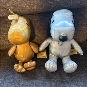 75th anniversary Peanuts iridescent gold and Silver Plush Snoopy and Woodstock
